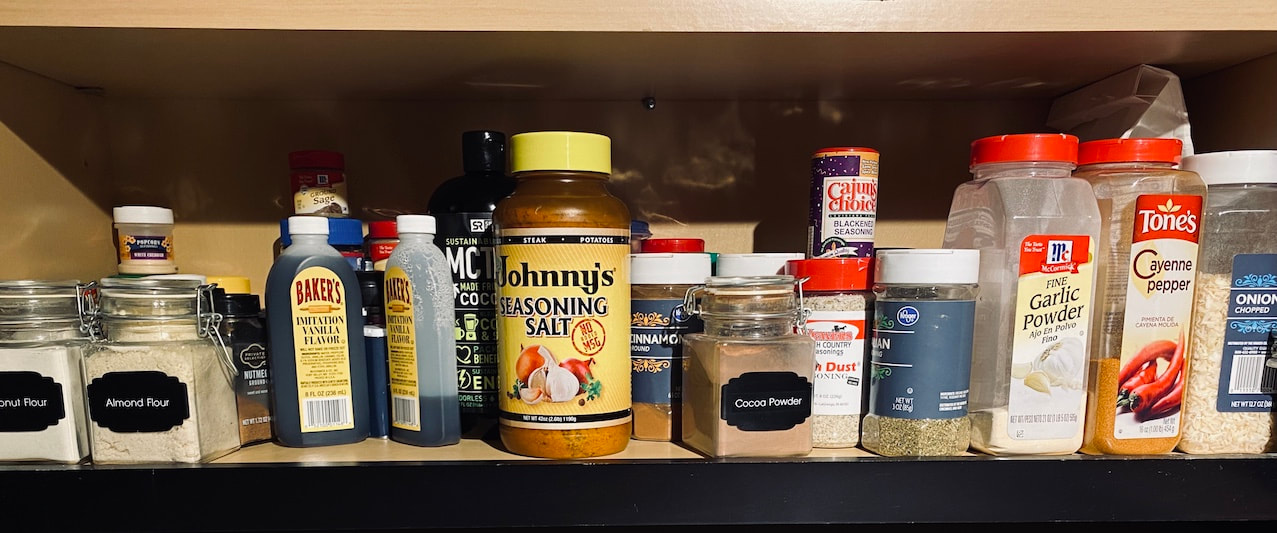 Cluttered spice shelf
